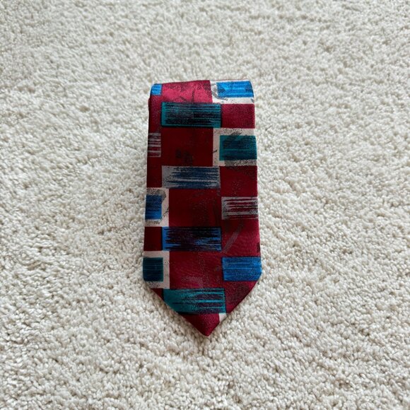 Vintage Michael James Rectangle tie 3‎ x 49 Red Blue Green White Multi - Picture 2 of 5